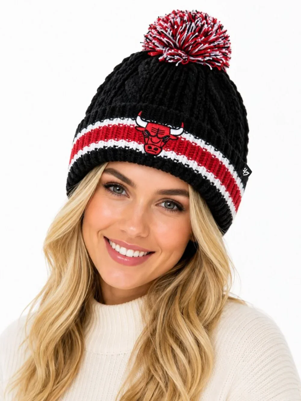 Chicago Bulls Womens Hat Cable Knit '47 Brand Cap Pom Stitched Logo NBA New